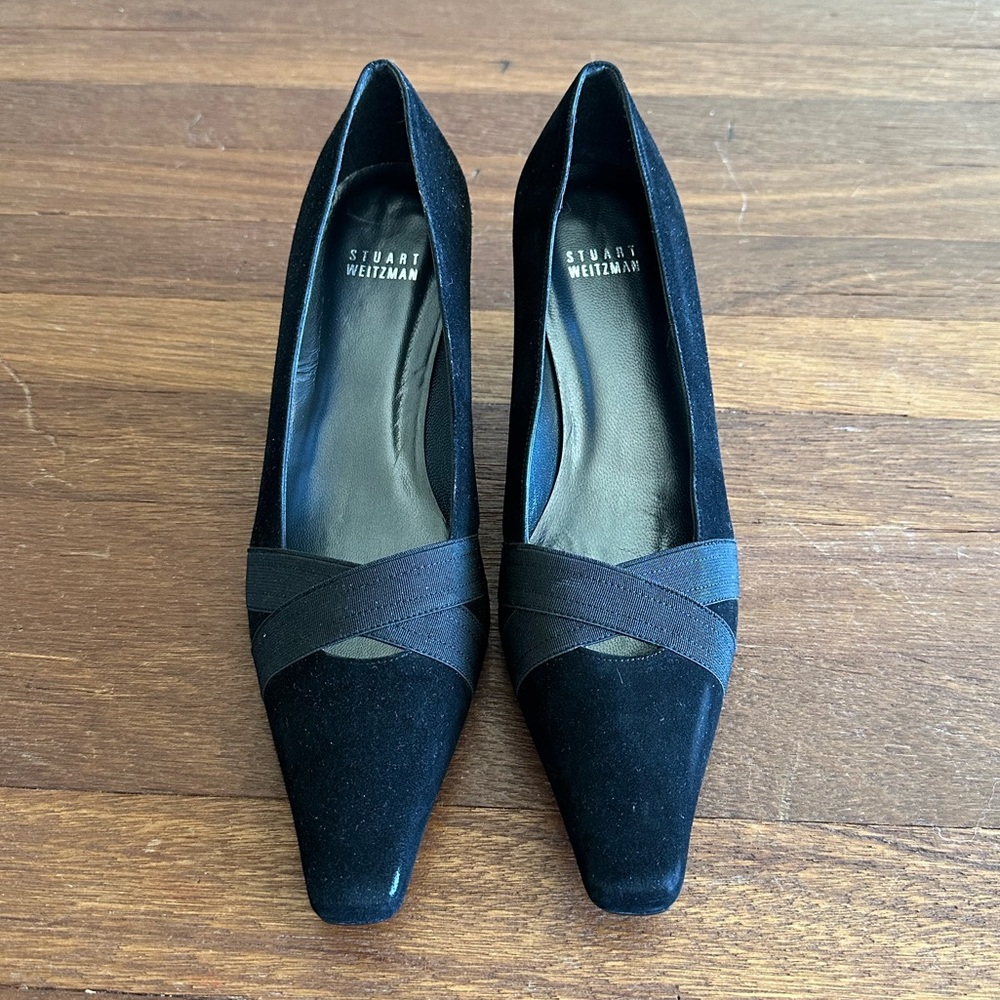Stuart Weitzman Black Suede Kitten Heel Pumps Size 7.5 Pointed Toe Classic - Picture 9 of 9